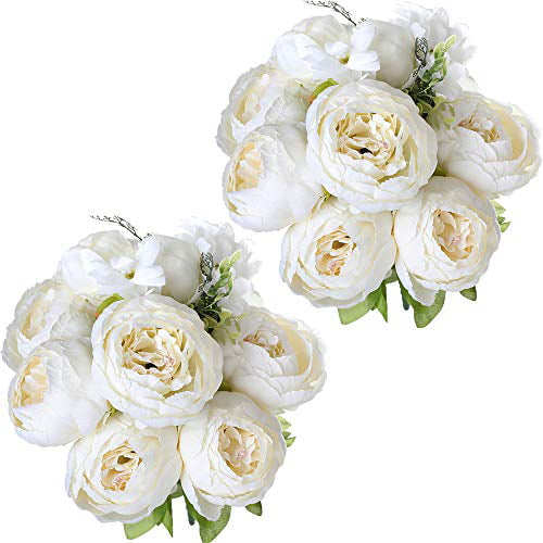 White Nubry 2pcs Artificial Peony Silk Flowers Bouquet for Wedding Home Garden Decoration 